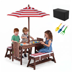 Outdoor Kids Wooden Picnic Table and Benches Set with Umbrella-Red