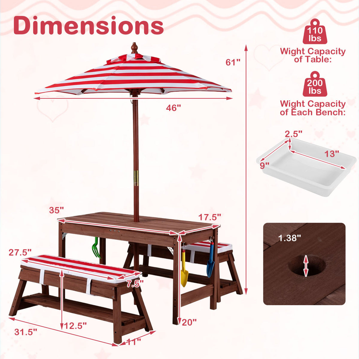 Outdoor Kids Wooden Picnic Table and Benches Set with Umbrella-Red