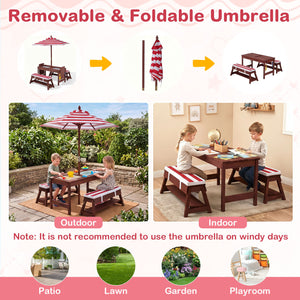 Outdoor Kids Wooden Picnic Table and Benches Set with Umbrella-Red