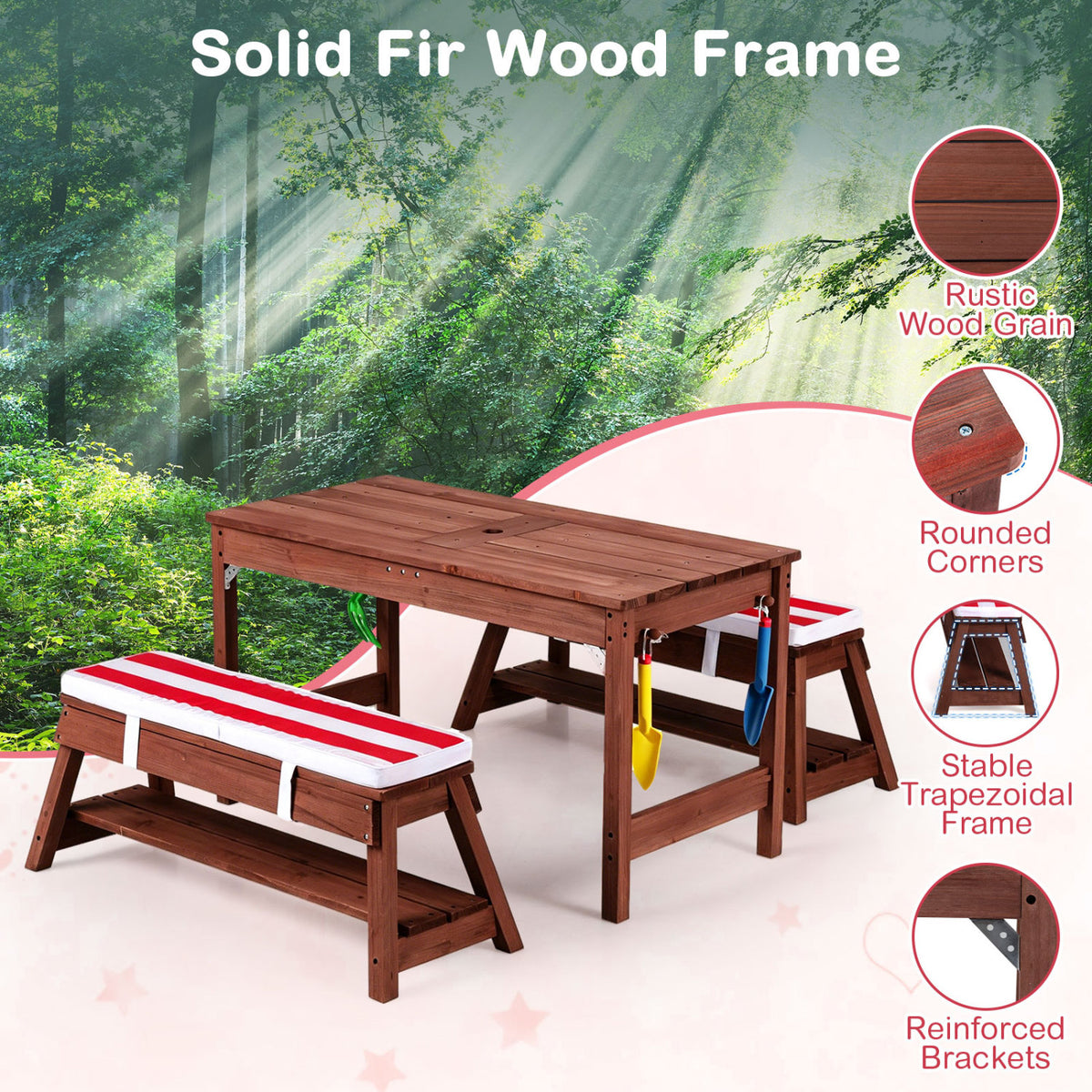Outdoor Kids Wooden Picnic Table and Benches Set with Umbrella-Red