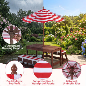 Outdoor Kids Wooden Picnic Table and Benches Set with Umbrella-Red