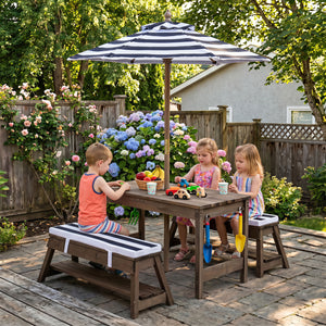 Outdoor Kids Wooden Picnic Table and Benches Set with Umbrella-Blue