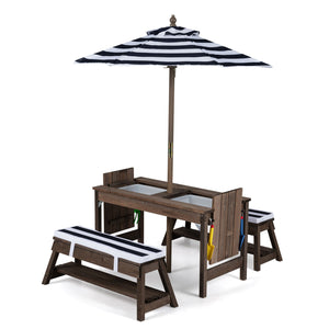 Outdoor Kids Wooden Picnic Table and Benches Set with Umbrella-Blue