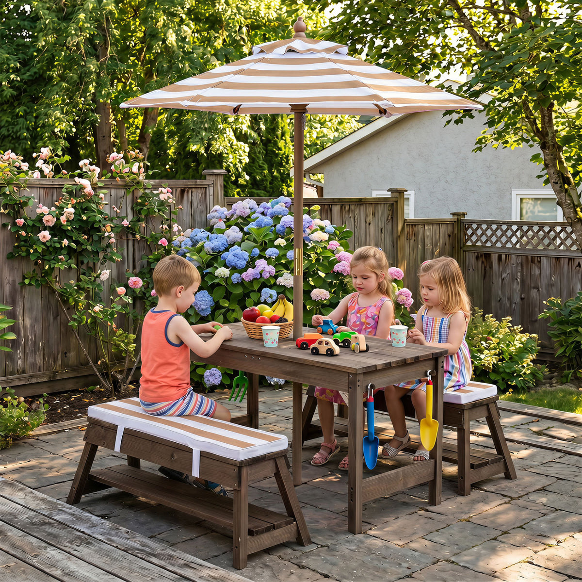 Outdoor Kids Wooden Picnic Table and Benches Set with Umbrella-Brown