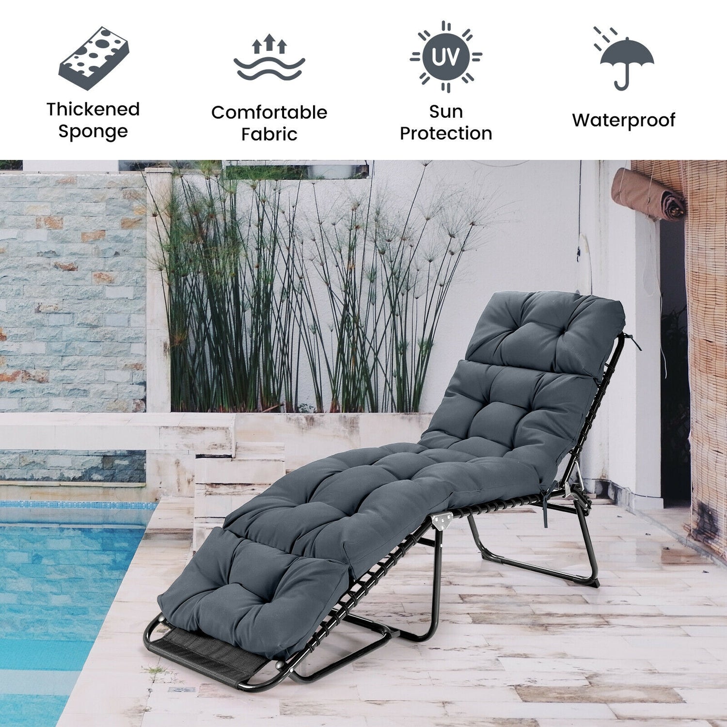 Outdoor Lounge Chaise Cushion with String Ties for Garden Poolside-Beige