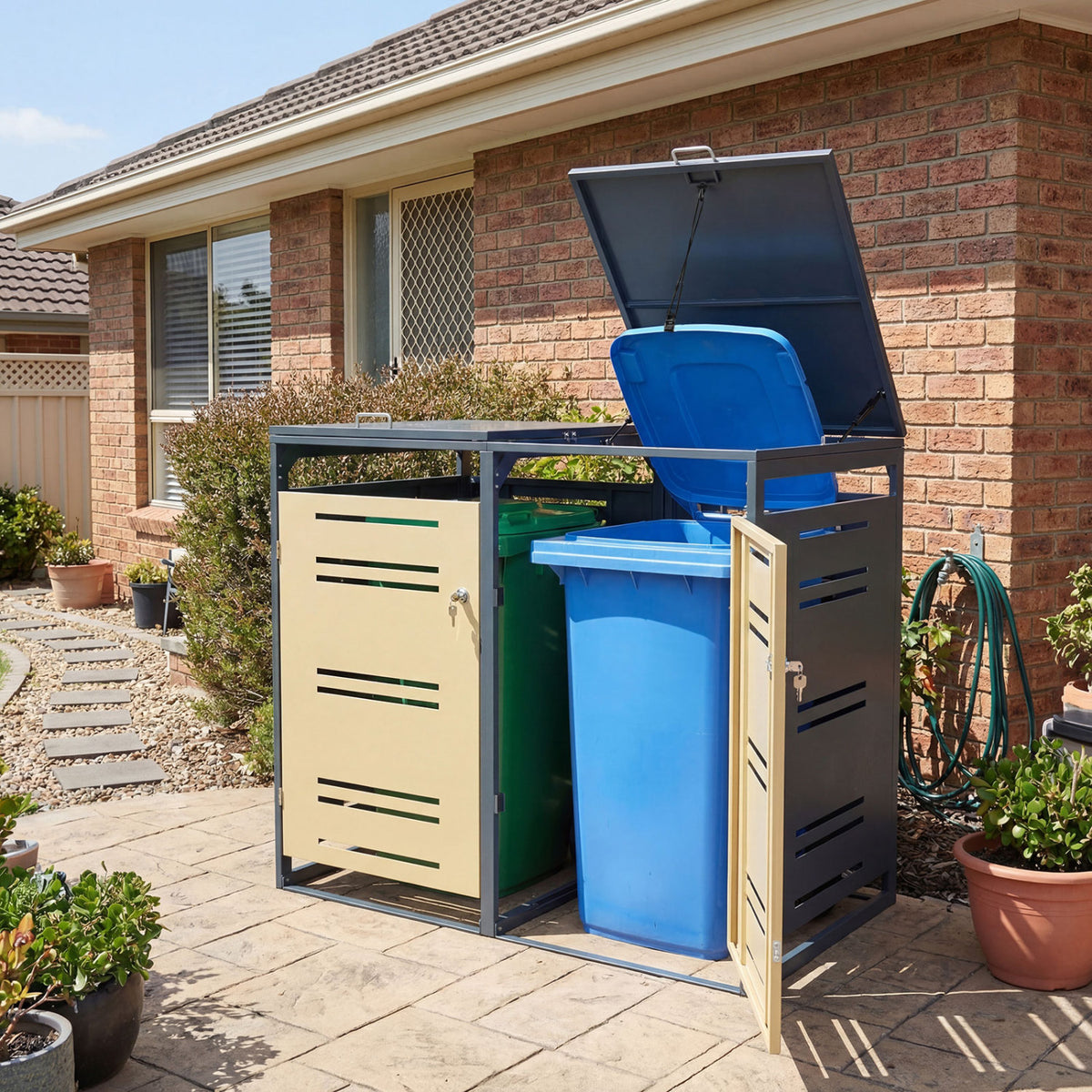 Outdoor Metal Garbage Bin Storage Shed for 2 Trash Cans-Yellow