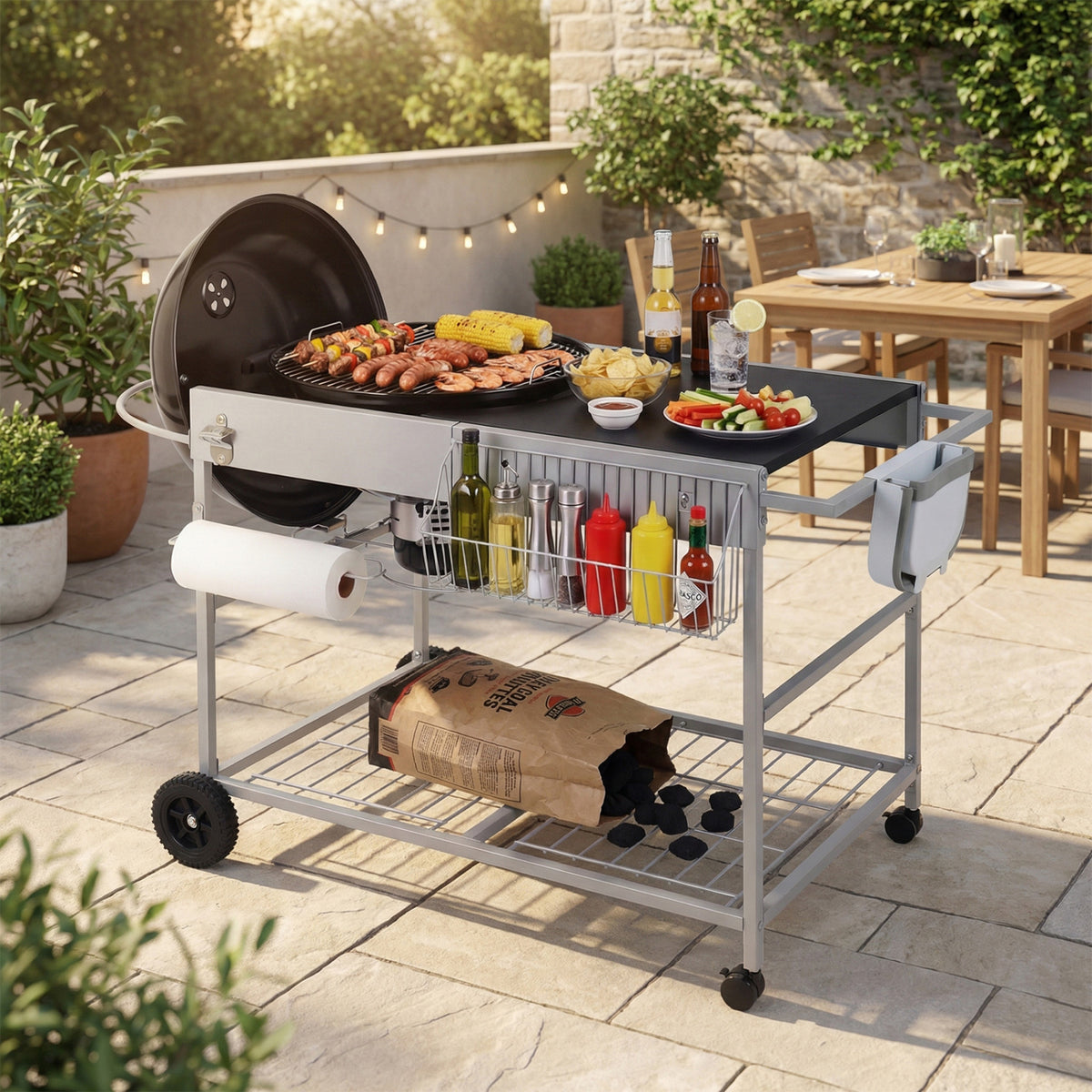 Outdoor Movable Grill Table for 18/22 Inch Weber Original Kettle for Camping-Black