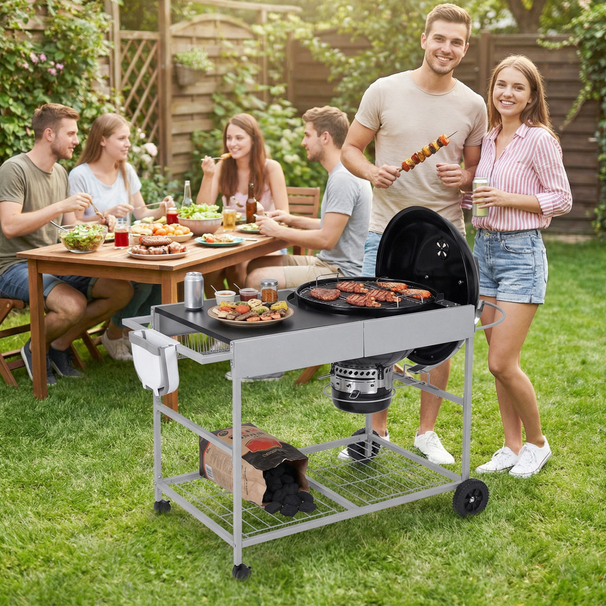 Outdoor Movable Grill Table for 18/22 Inch Weber Original Kettle for Camping-Black