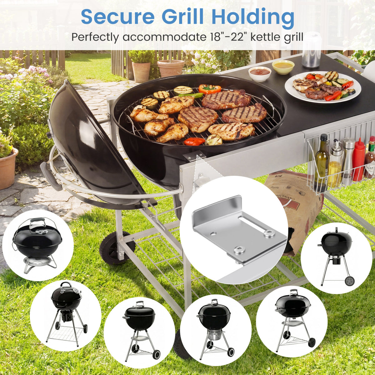 Outdoor Movable Grill Table for 18/22 Inch Weber Original Kettle for Camping-Black