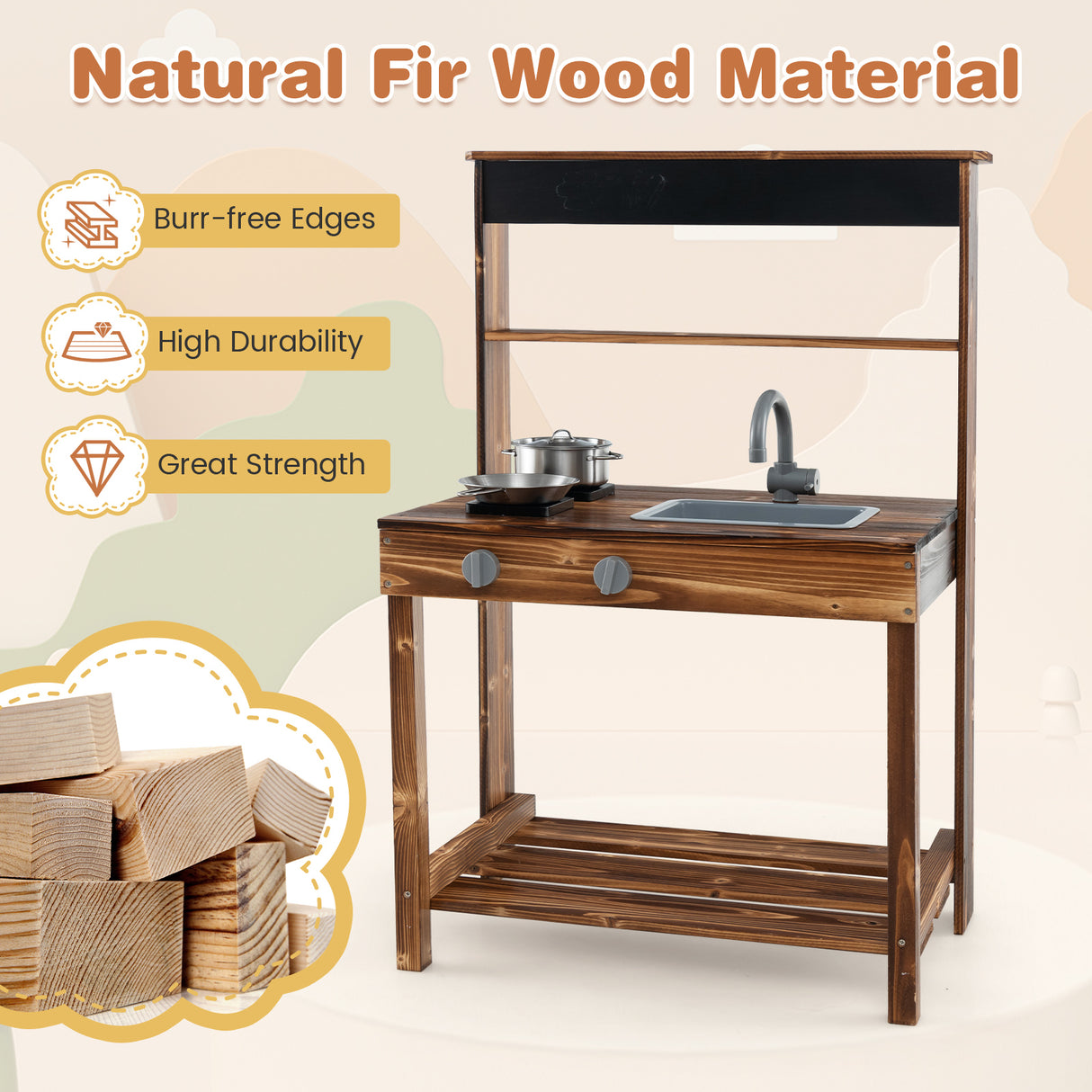 Outdoor Mud Kitchen for Kids with Rotatable Faucet and Removable Sink-Natural