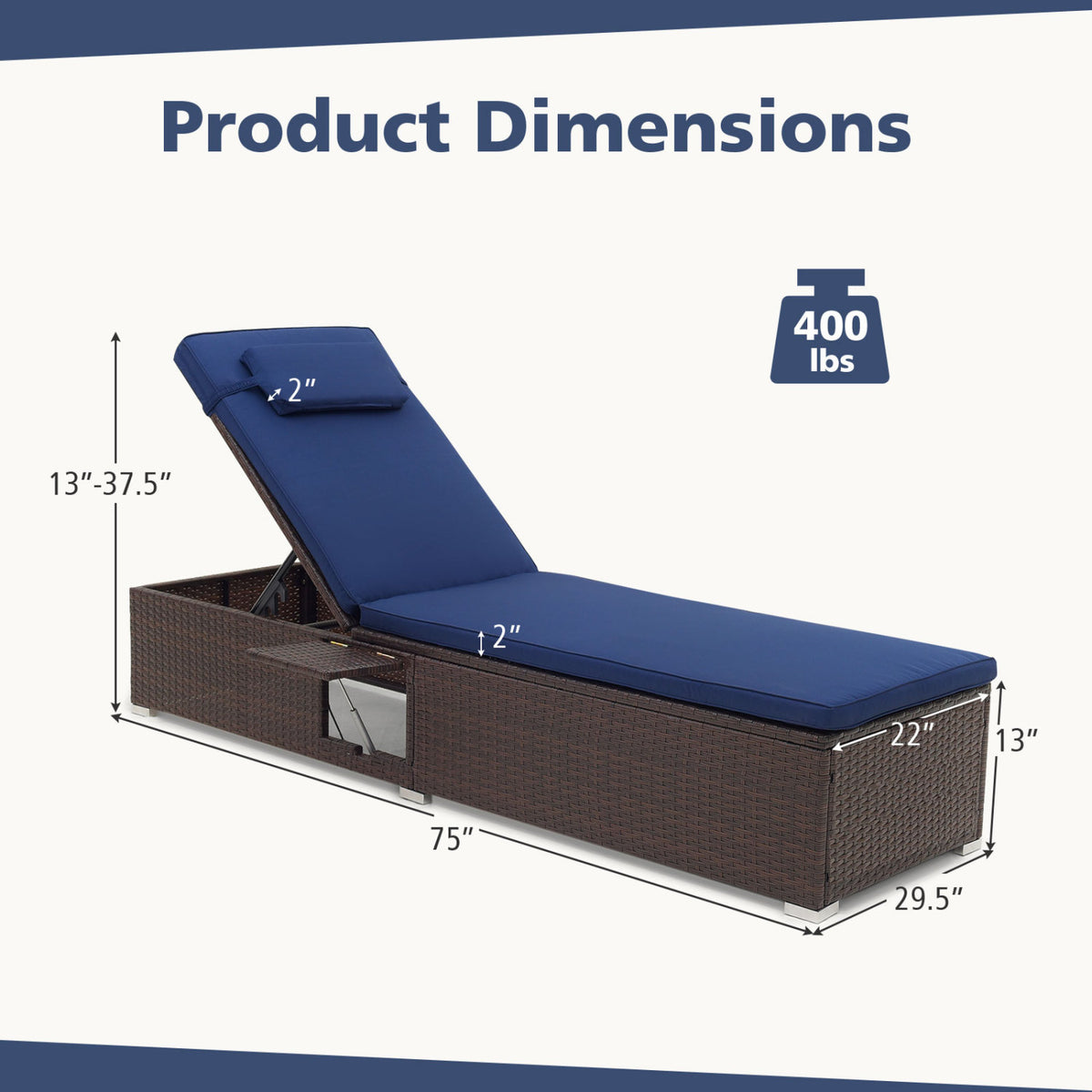 Outdoor PE RattanChaise Lounge with 6-level Backrest-Navy