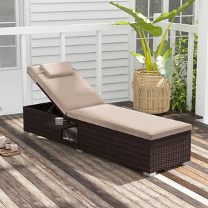 Outdoor PE Rattan Chaise Lounge with 6-Position Adjustable Backrest and Foldable Side Table-Brown