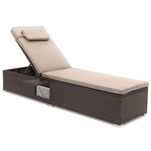 Outdoor PE Rattan Chaise Lounge with 6-Position Adjustable Backrest and Foldable Side Table-Brown