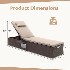 Outdoor PE Rattan Chaise Lounge with 6-Position Adjustable Backrest and Foldable Side Table-Brown