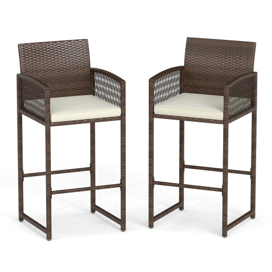 Outdoor PE Wicker Bar Stools Set of 2 Patio Bar Height Chairs with Cushions-White