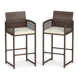 Outdoor PE Wicker Bar Stools Set of 2 Patio Bar Height Chairs with Cushions-White