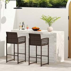 Outdoor PE Wicker Bar Stools Set of 2 Patio Bar Height Chairs with Cushions-White