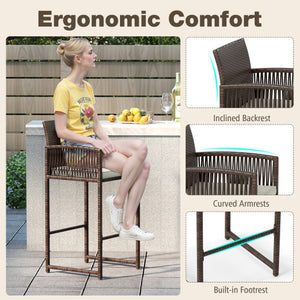 Outdoor PE Wicker Bar Stools Set of 2 Patio Bar Height Chairs with Cushions-White