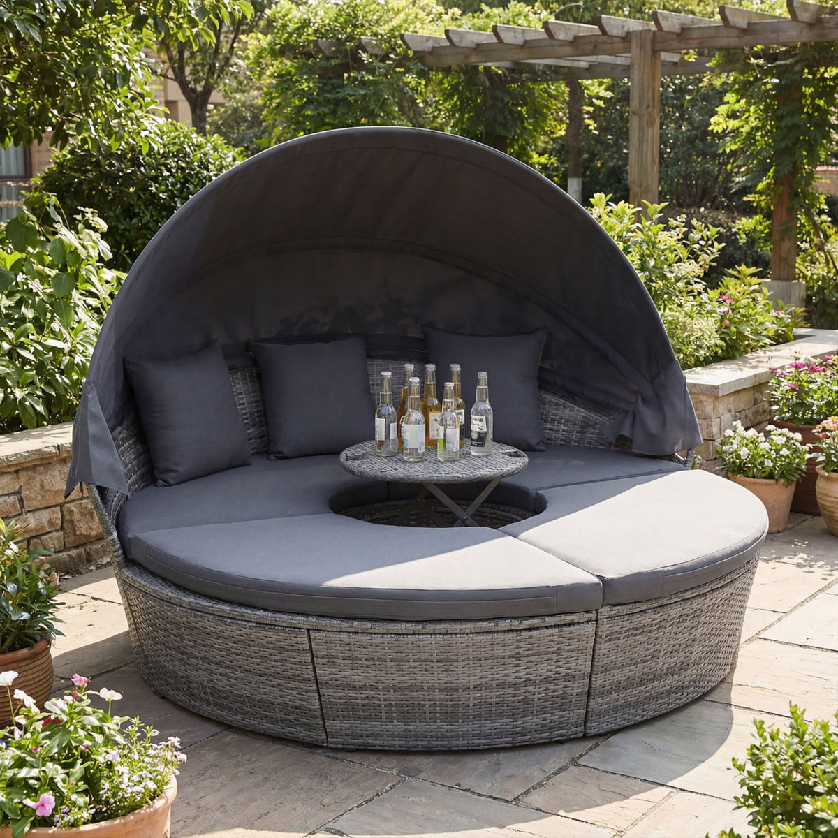 Outdoor PE Wicker Round Daybed with Retractable Canopy and Cushions-Gray