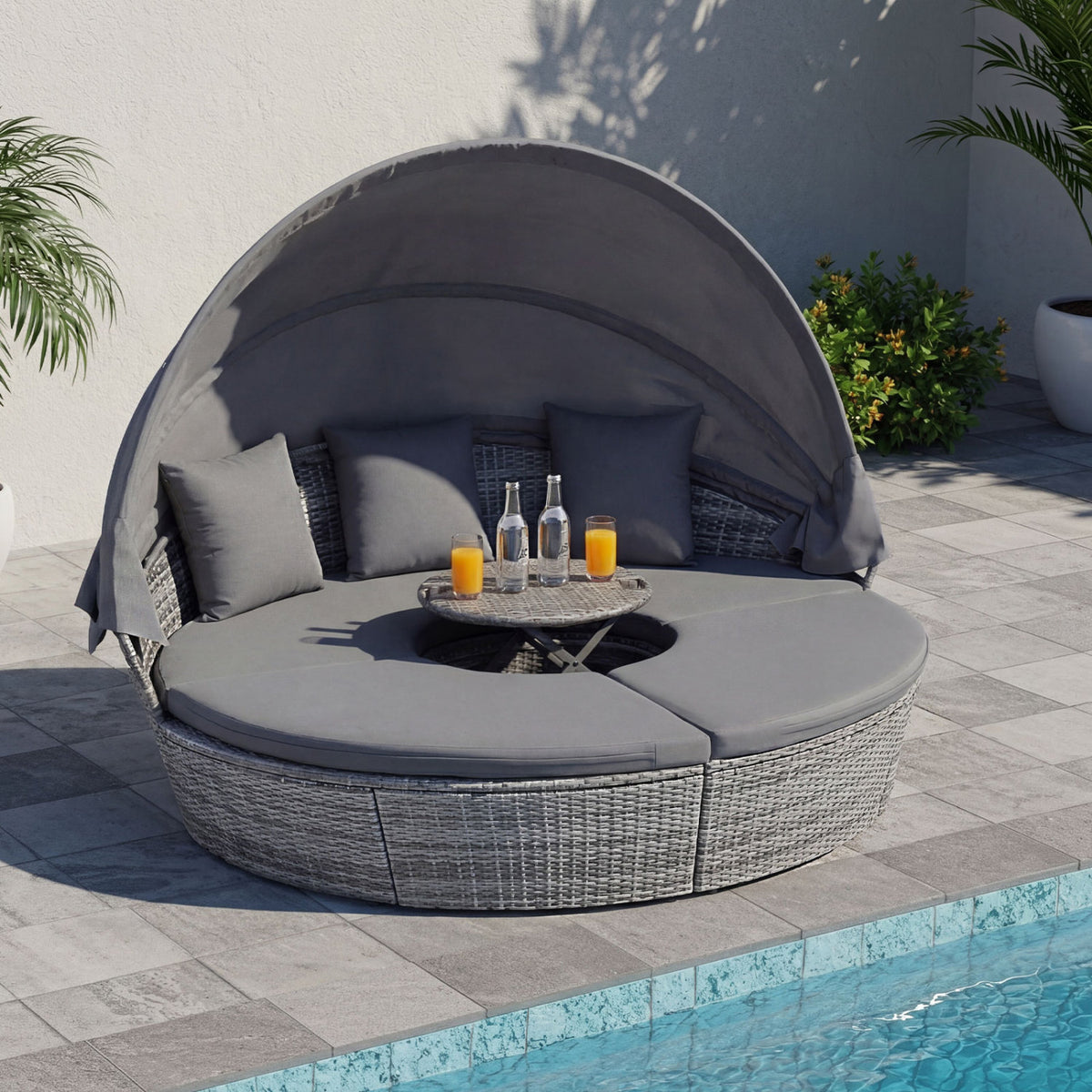 Outdoor PE Wicker Round Daybed with Retractable Canopy and Cushions-Gray