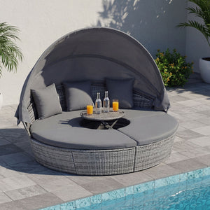 Outdoor PE Wicker Round Daybed with Retractable Canopy and Cushions-Gray