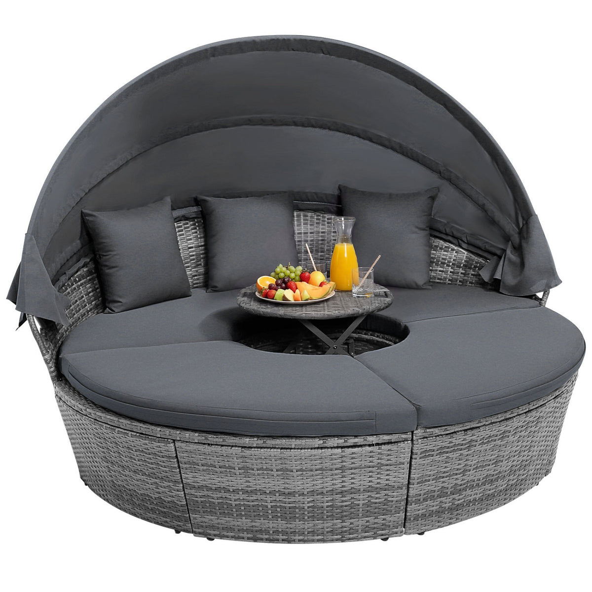 Outdoor PE Wicker Round Daybed with Retractable Canopy and Cushions-Gray
