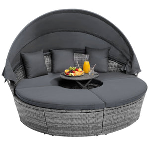Outdoor PE Wicker Round Daybed with Retractable Canopy and Cushions-Gray