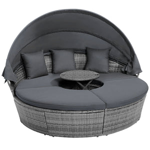 Outdoor PE Wicker Round Daybed with Retractable Canopy and Cushions-Gray