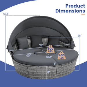 Outdoor PE Wicker Round Daybed with Retractable Canopy and Cushions-Gray