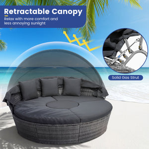 Outdoor PE Wicker Round Daybed with Retractable Canopy and Cushions-Gray