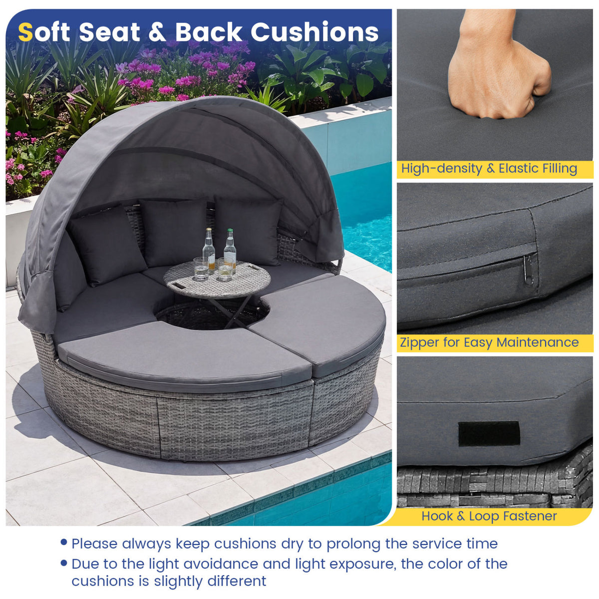 Outdoor PE Wicker Round Daybed with Retractable Canopy and Cushions-Gray