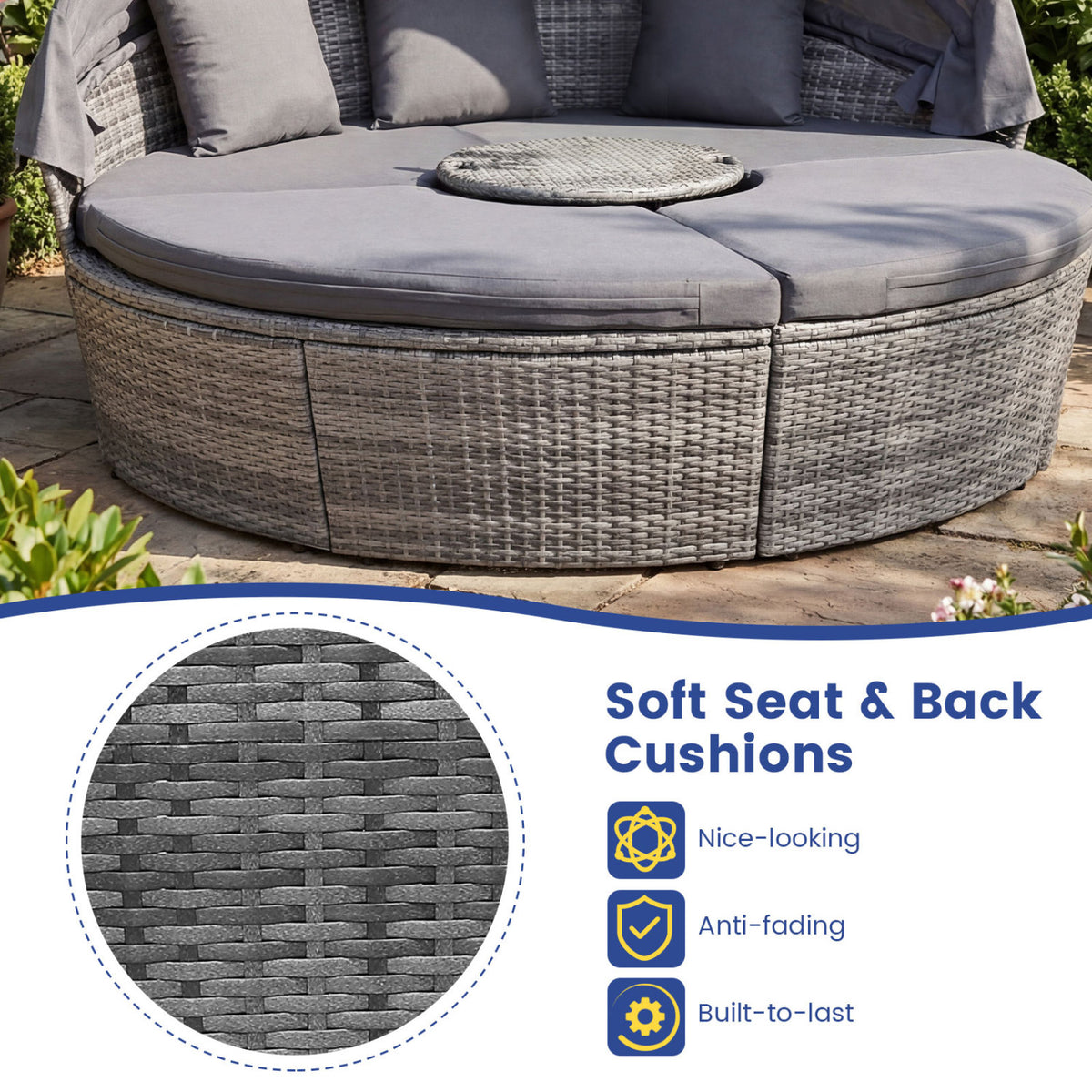 Outdoor PE Wicker Round Daybed with Retractable Canopy and Cushions-Gray