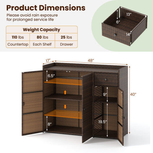 Outdoor PE Wicker Storage Cabinet with 3 Doors for Deck