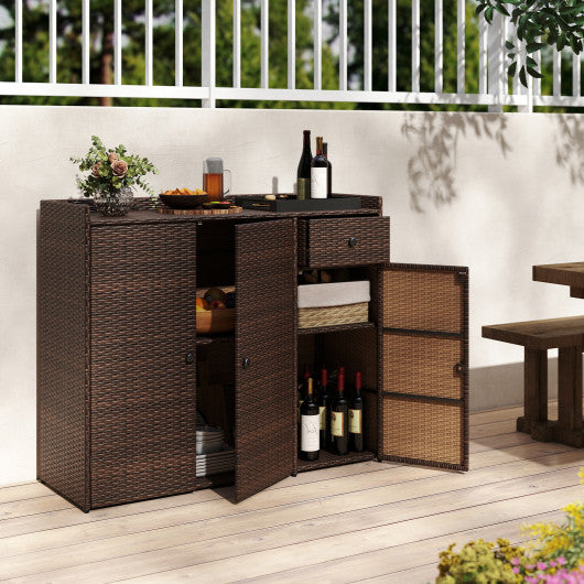 Outdoor PE Wicker Storage Cabinet with 3 Doors for Deck