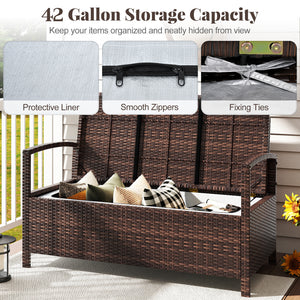 Outdoor PE Wicker Storage Bench 2 Seater with Cushion and 42 Gallon Deck Box-Beige
