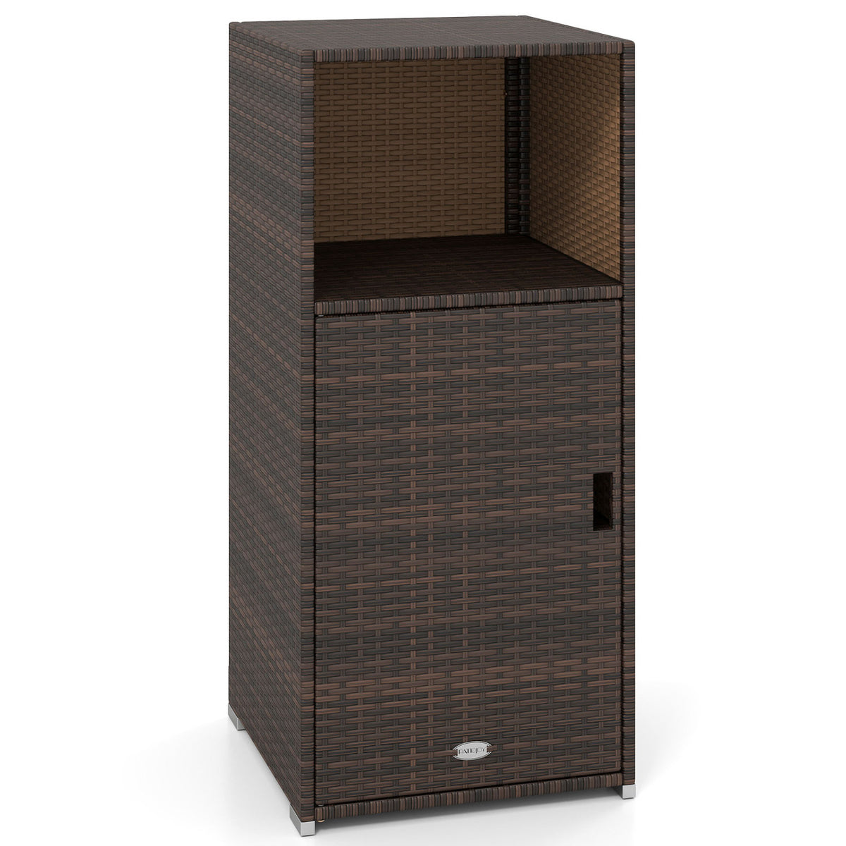Outdoor PE Wicker Storage Cabinet with Door and Open Compartment for Patio-Brown