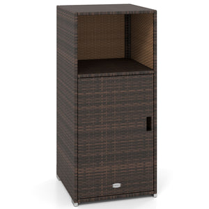Outdoor PE Wicker Storage Cabinet with Door and Open Compartment for Patio-Brown