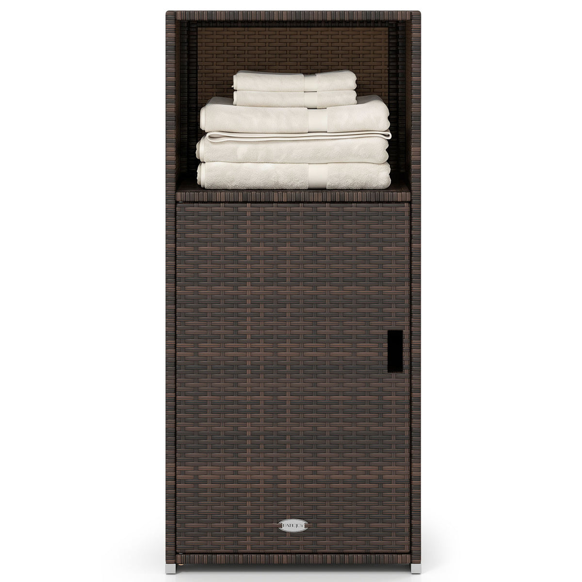 Outdoor PE Wicker Storage Cabinet with Door and Open Compartment for Patio-Brown