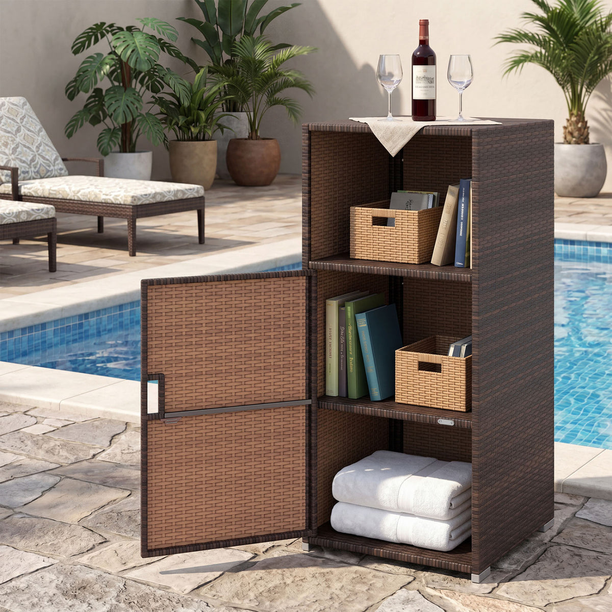 Outdoor PE Wicker Storage Cabinet with Door and Open Compartment for Patio-Brown