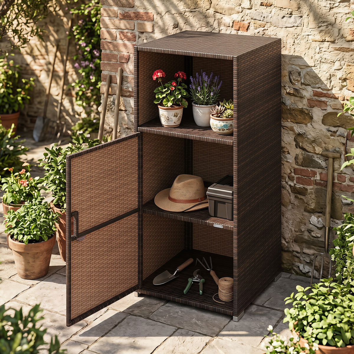 Outdoor PE Wicker Storage Cabinet with Door and Open Compartment for Patio-Brown