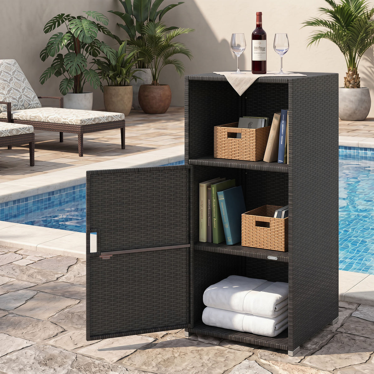 Outdoor PE Wicker Storage Cabinet with Door and Open Compartment for Patio-Black