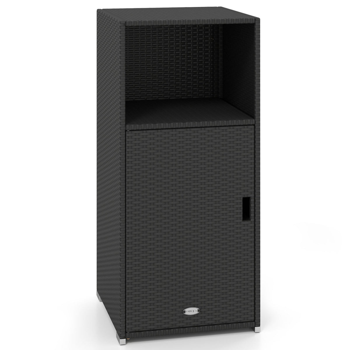 Outdoor PE Wicker Storage Cabinet with Door and Open Compartment for Patio-Black