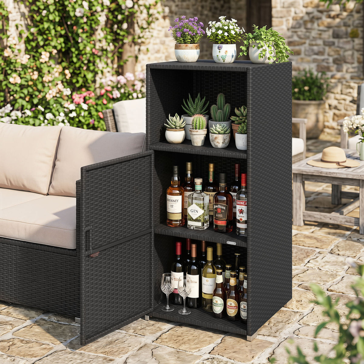 Outdoor PE Wicker Storage Cabinet with Door and Open Compartment for Patio-Black
