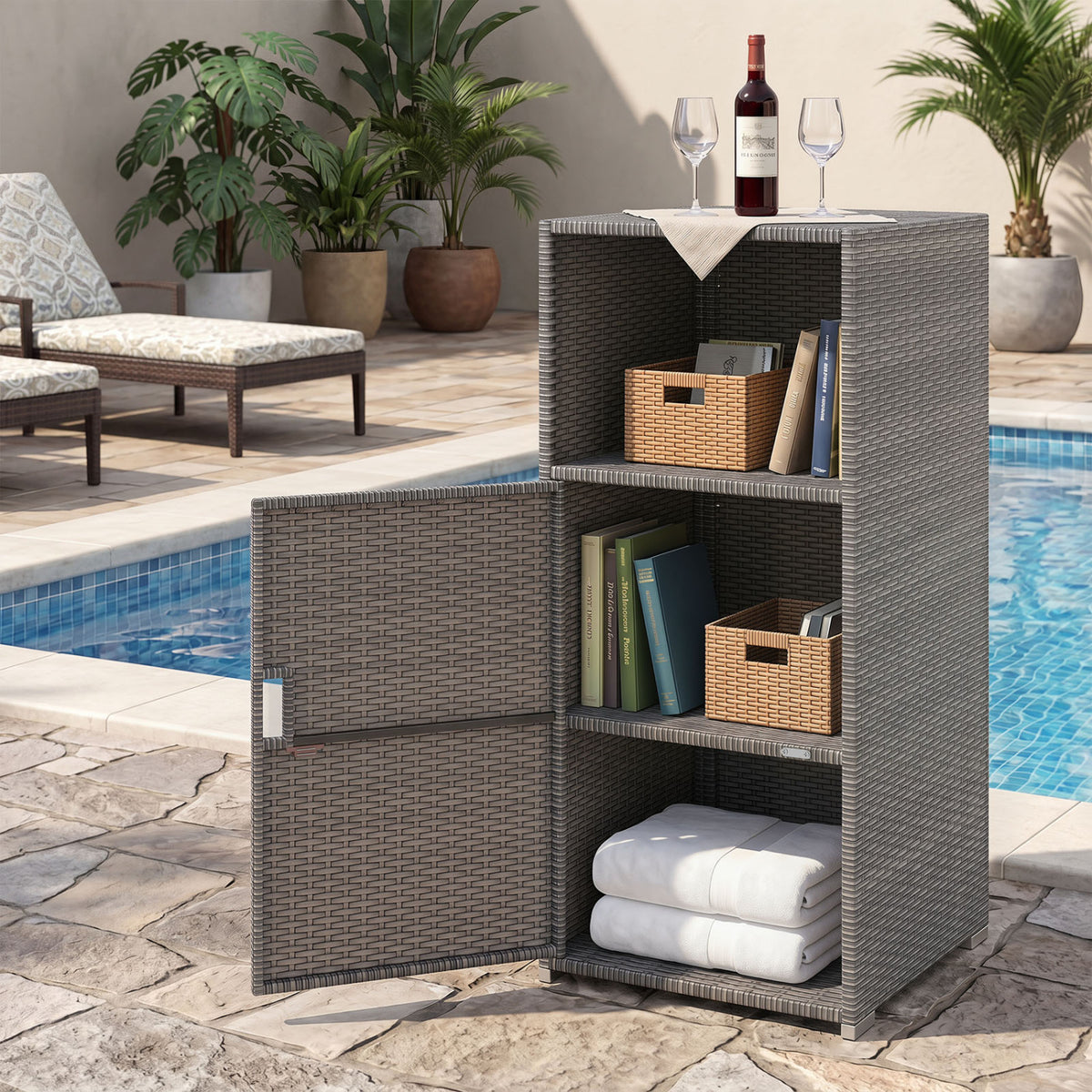 Outdoor PE Wicker Storage Cabinet with Door and Open Compartment for Patio-Gray