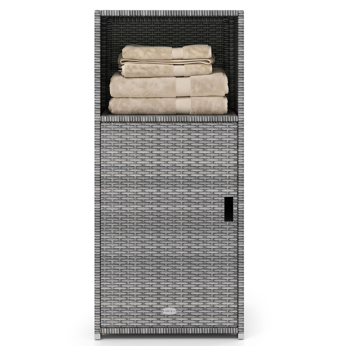Outdoor PE Wicker Storage Cabinet with Door and Open Compartment for Patio-Gray