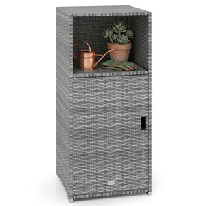 Outdoor PE Wicker Storage Cabinet with Door and Open Compartment for Patio-Gray