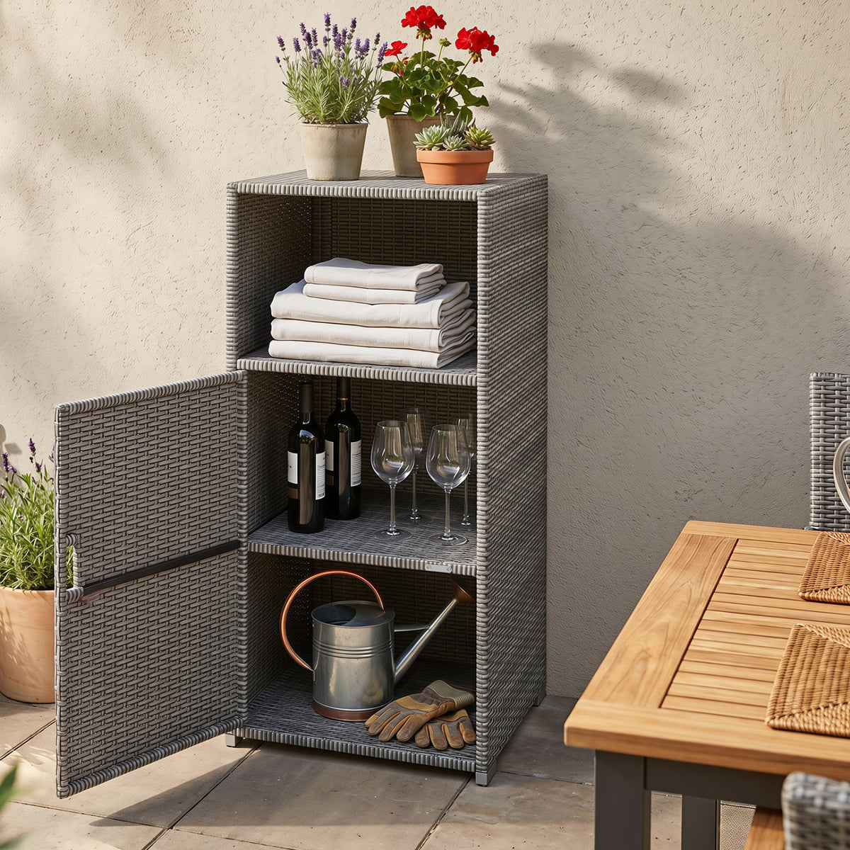 Outdoor PE Wicker Storage Cabinet with Door and Open Compartment for Patio-Gray