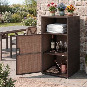 Outdoor PE Wicker Storage Cabinet with Door and Open Compartment for Patio-Brown