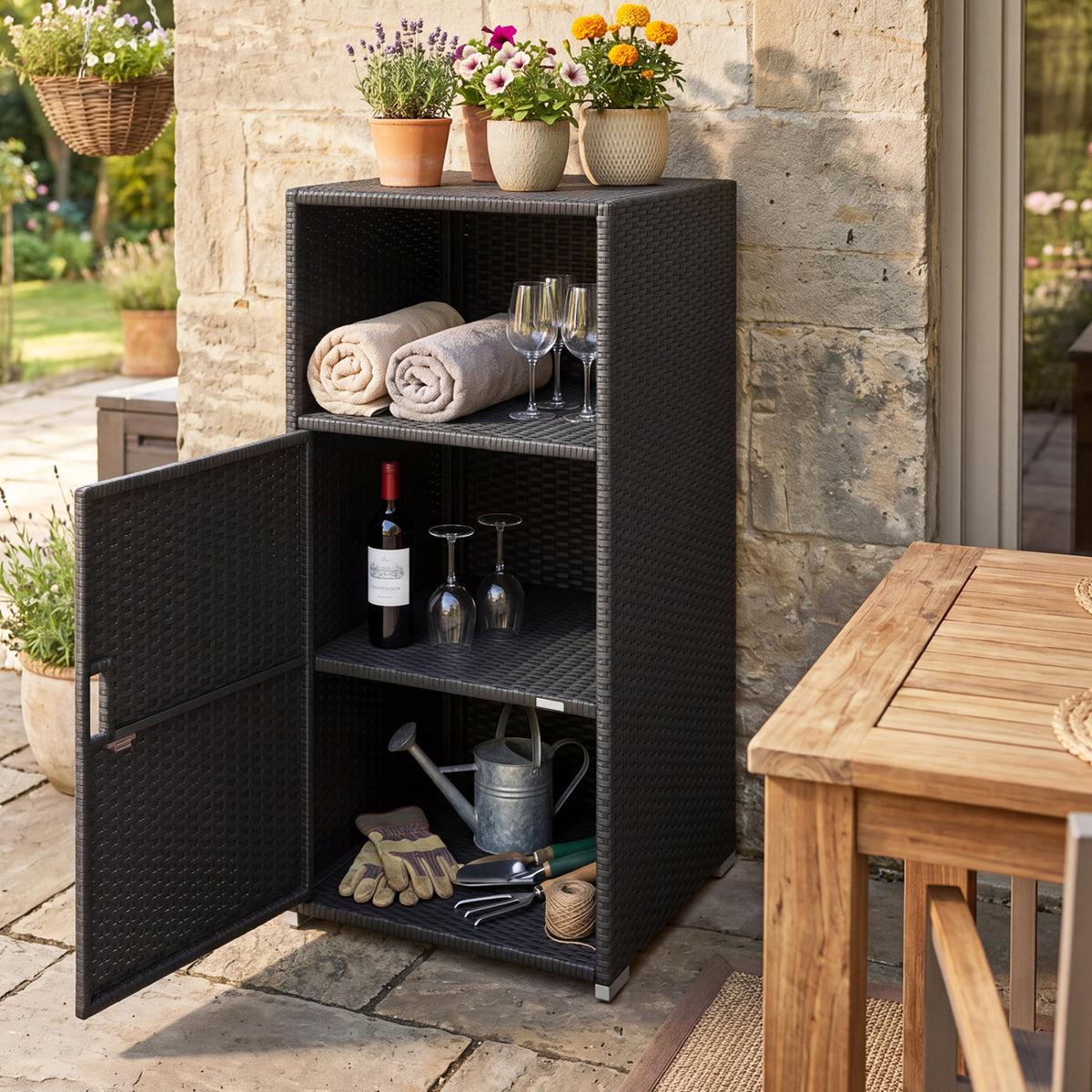 Outdoor PE Wicker Storage Cabinet with Door and Open Compartment for Patio-Black