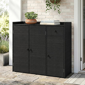Outdoor PE Wicker Storage Cabinet with 3 Doors and Adjustable Shelves and Drawer-Black
